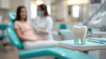 A pristine, anatomical tooth model rests on a teal surface in a softly focused dental office, suggesting preventative care and patient well-being during a checkup.