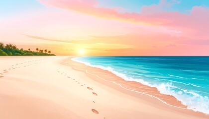 Serene sunset over a tropical beach; footprints in the sand lead to the ocean