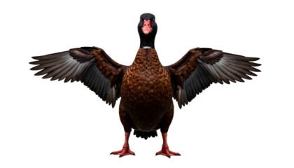Majestic Muscovy duck with wide spread wings, isolated on white. Powerful waterfowl showcasing its brown plumage and strong stance, ideal for nature and wildlife themes.