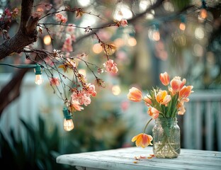 A mason jar of orange tulips sits on a weathered white table outdoors, near a flowering tree branch adorned with warm-toned string lights, creating a serene, spring-like ambiance