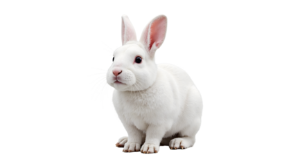 Adorable White Rabbit on White Background. Cute albino bunny with pink ears and red eyes, sitting isolated for Easter, pet care, or clean animal concepts.