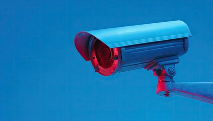 Security camera under red & blue lighting; arm attached to wall against blue