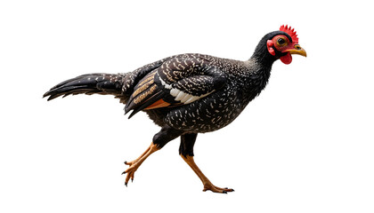 Elegant Speckled Hen Striding. Domestic fowl with black and white plumage, red comb, and yellow beak, isolated on a pure white background, in motion.
