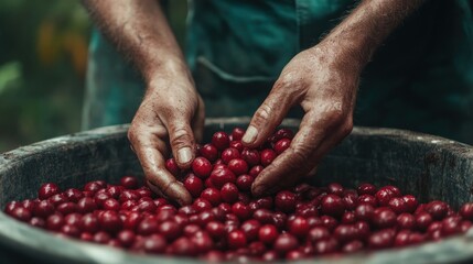Hands sorting red berries