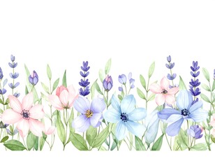 Watercolor floral border of pastel pink, blue, and purple flowers and lavender