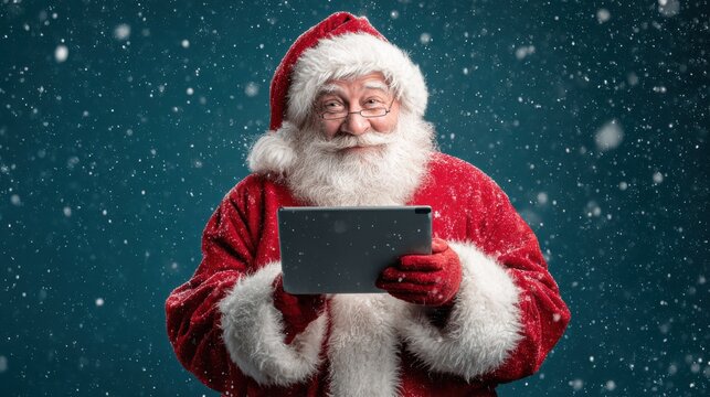 santa claus holding tablet in his hands no logos no brands ar 169
