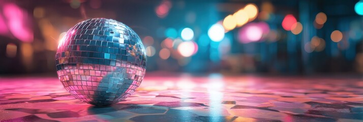 Disco ball on a textured surface, vibrant night club lights