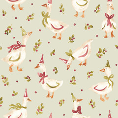 Christmas geese background. Watercolor hand painted seamless pattern for textile, fabric, packaging. Fun xmas goose repeating pattern