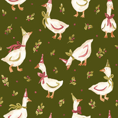 Christmas geese background. Watercolor hand painted seamless pattern for textile, fabric, packaging. Fun xmas goose repeating pattern