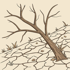 Illustration of a droughtstricken landscape with cracked soil and a bare tree, symbolizing climate change and environmental disaster in a vector graphic design