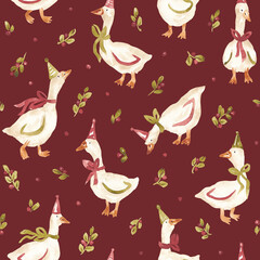 Christmas geese background. Watercolor hand painted seamless pattern for textile, fabric, packaging. Fun xmas goose repeating pattern