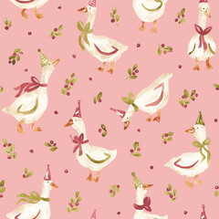 Christmas geese background. Watercolor hand painted seamless pattern for textile, fabric, packaging. Fun xmas goose repeating pattern