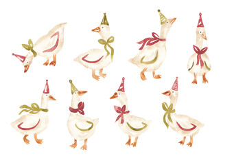 Fun xmas goose clip art. Christmas geese set. Watercolor hand painted design elements for card. banner, invitation
