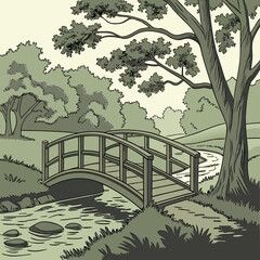 Illustration of a wooden bridge over a serene river in a lush park, capturing the tranquility of nature in a vector graphic design with trees and foliage