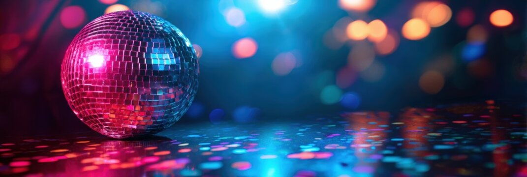 Vibrant disco ball illuminated by colorful spotlights, with reflections on a sparkling surface - Powered by Adobe