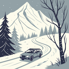Vector art of a car driving on a snowy road through a winter landscape with mountains and trees, offering a scenic view of nature and travel adventure