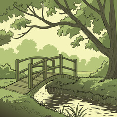 Vector art of a picturesque wooden bridge spans a gentle river in a serene landscape, surrounded by lush greenery and trees, creating a tranquil and idyllic scene