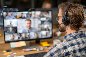Male student wearing headphones taking online coursetraining, watching webinar remote seminar universityclass, virtual learning wih social distance web teacer, tutor or coach on compter screen.