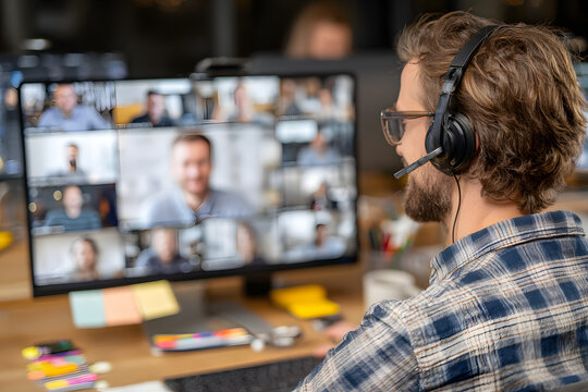Male student wearing headphones taking online coursetraining, watching webinar remote seminar universityclass, virtual learning wih social distance web teacer, tutor or coach on compter screen.