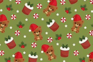 Cute Christmas Teddy Bear Seamless Pattern swatch available in swatches panel, Holiday Candy Gift and Holly Design