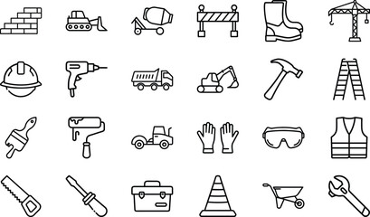 Construction equipment and safety gear icons on white background brick wall 1