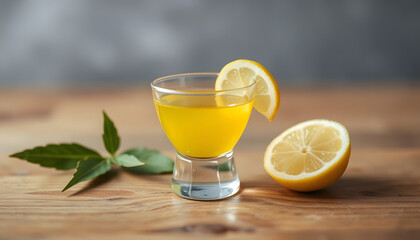 Fototapeta premium Refreshing yellow drink in glass with lemon slice and leaves 
