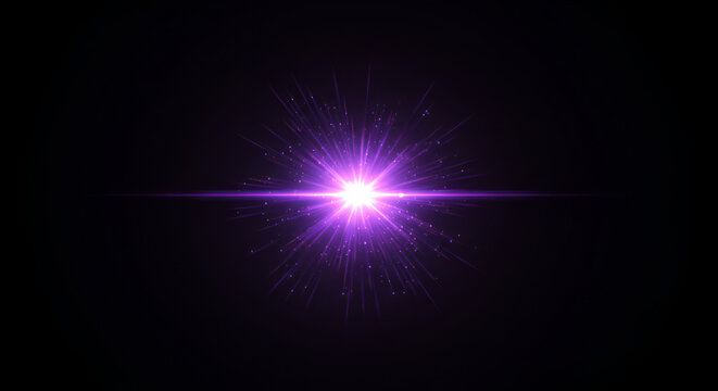 Bright purple light flare with radiant beams on black background abstract