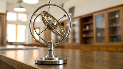 Close Up of Metal Gyroscope Spinning on Wooden Desk for Physics Demonstration