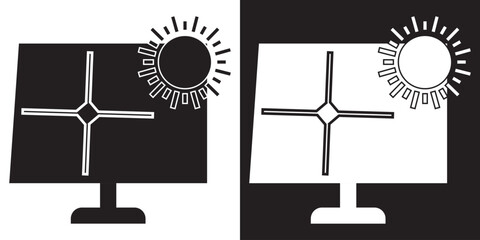 Split screen comparison of two monitors. Minimalist illustration showing two computer monitors side by side with contrasting screen colors, representing comparison, dual display, or interface design.
