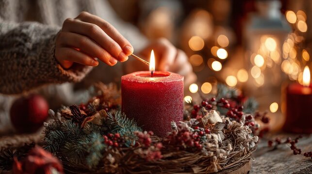 close up of woman hand lighting red candle with a match surrounded by decoration with lights in background woman hands lighting advent candle with holly and fir branches girl burning advent candle no