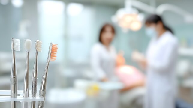 A focused view of dental instruments rests in the foreground, softly blurring into a background scene of a dental examination, conveying a sense of clinical precision and care.