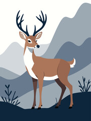 Stylized Deer in Mountain Landscape – Modern Vector Illustration.
