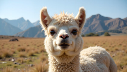 Fototapeta premium Close-up portrait of a fluffy white alpaca with a friendly face and curious eyes, set in a natural mountain and field landscape under a clear blue sky.