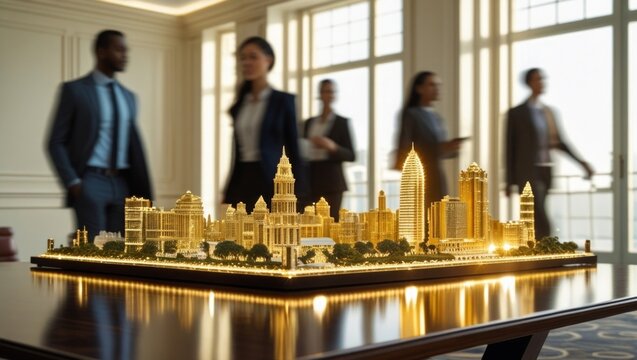 Golden shimmering cityscape model displayed on office table, blurred business people moving in elegant professional background