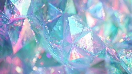 An abstract composition of crystalline structures evokes a sense of ethereal beauty, showcasing light refraction and iridescent color play within a complex, geometric arrangement.