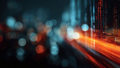 Abstract city lights at night with digital code streaks