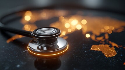 Global Health Check Stethoscope on World Map Representing International Healthcare