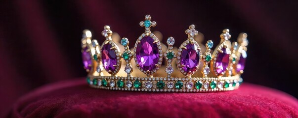 A majestic crown crafted from glittering amethyst, quartz, and emerald crystals, resting on a velvet cushion The intricate design showcases the opulence of crystal royalty , jewel, kingdom, royal
