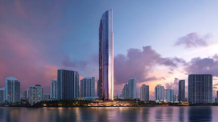 Fototapeta premium airplane crossing modern city skyline during beautiful sunset high resolution picture