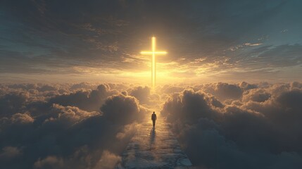 Christian faith woman standing on clouds with cross symbol spiritual journey in the sky reflecting jesus love