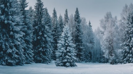 Fototapeta premium frozen winter forest with snow covered trees outdoor happy new year and merry christmas no logos no brands ar 169