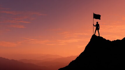 business success leadership achievement and people concept  silhouette of businessman with flag on mountain top over sky and sun light background no logos no brands ar 169