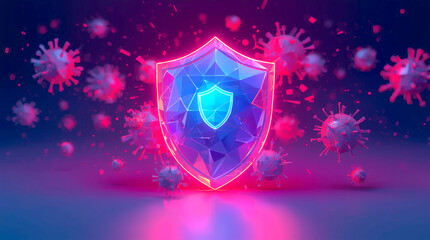 Fototapeta premium Cybersecurity Shield. glowing, polygonal shield is protecting a stylized 3D representation of a company's data server. The shield is surrounded by a swarm of malicious-looking digital entities