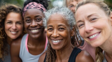 Obraz premium happy multi generational women having fun together multiracial friends smiling on camera after sport workout outdoor main focus on african female face no logos no brands ar 169