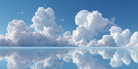 Vast, fluffy cumulus clouds reflected in a calm, serene lake
