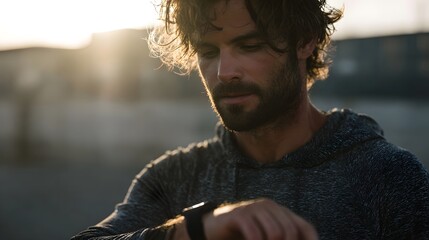 Man checking fitness tracker after a run