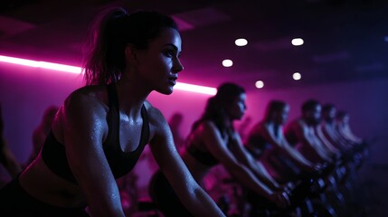 Energetic group cycling class in a dark neon lit gym studio