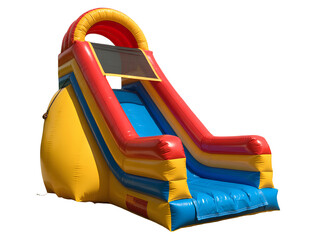 Colorful inflatable bounce house slide on a transparent background