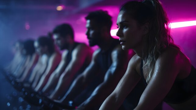 Energetic group cycling class in a neon lit studio