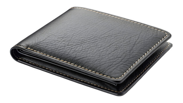 Stylish black leather wallet isolated on transparent background for secure storage